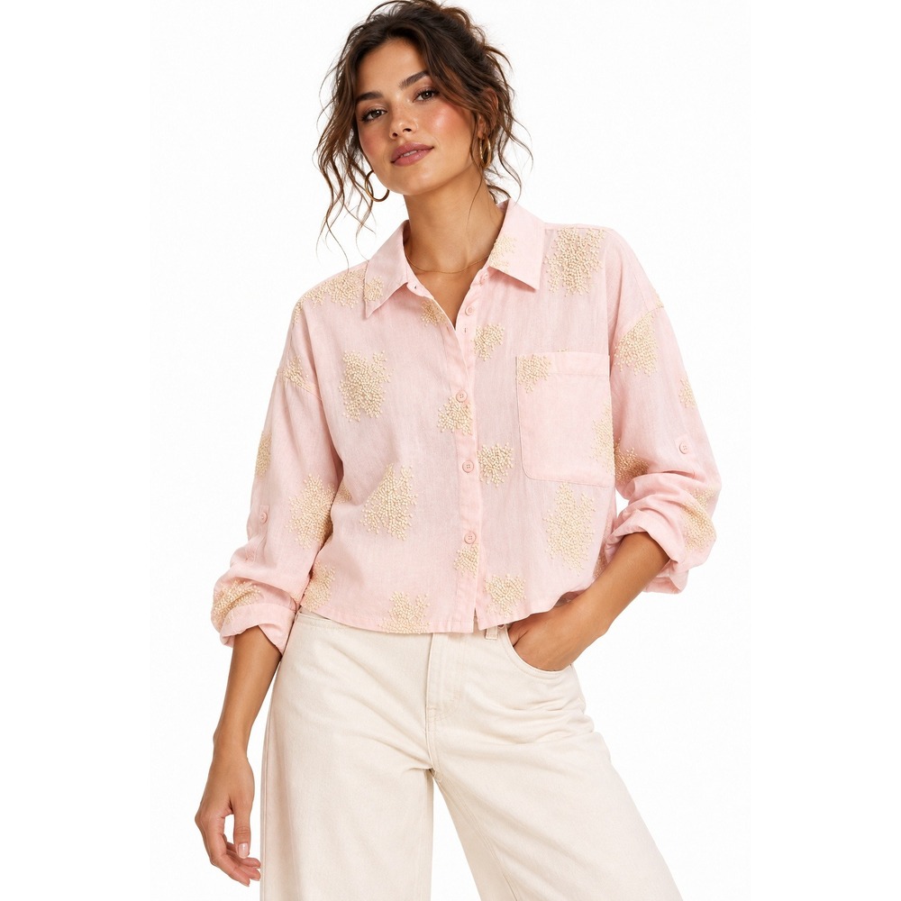 Design History Nadina Cropped Button Down Shirt Pink Cotton Tufted Size M NEW